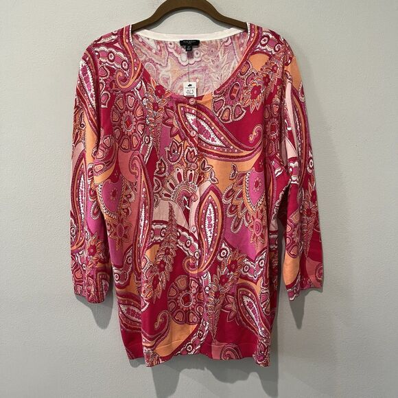 Talbots Cardigan Women’s 1X Pink Paisley Sweater Cotton Rayon 3/4 Sleeve Button - Picture 1 of 7